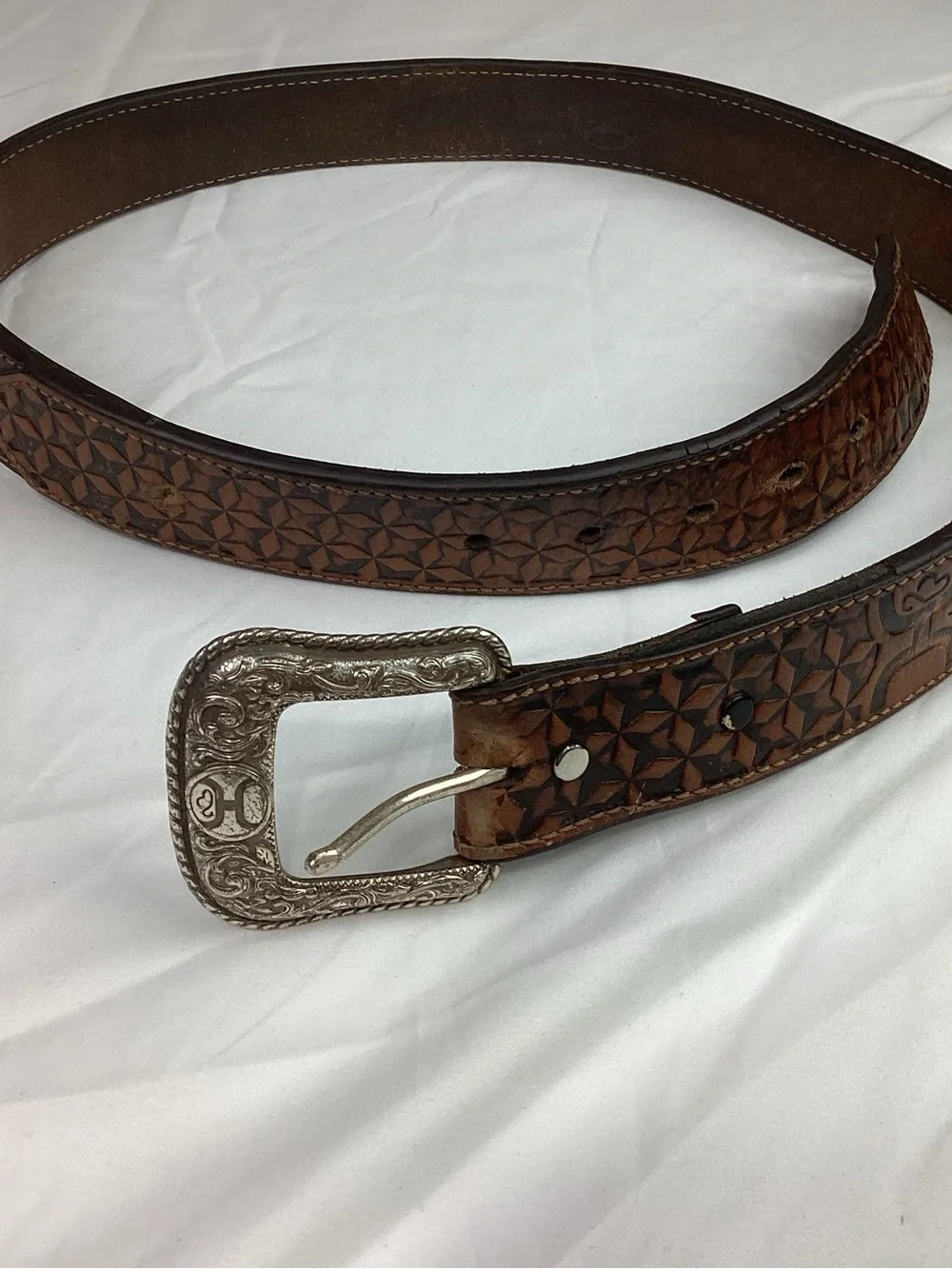 Hooey Brown Tooled Leather Belt with Decorative Silver Buckle